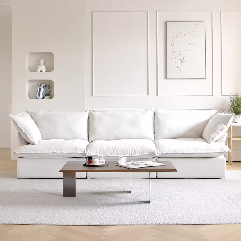Magic Home 122.82 in. Contemporary Down Filled Comfort Overstuffed Linen Modular Rervisiable Sectional 3-Seater, White