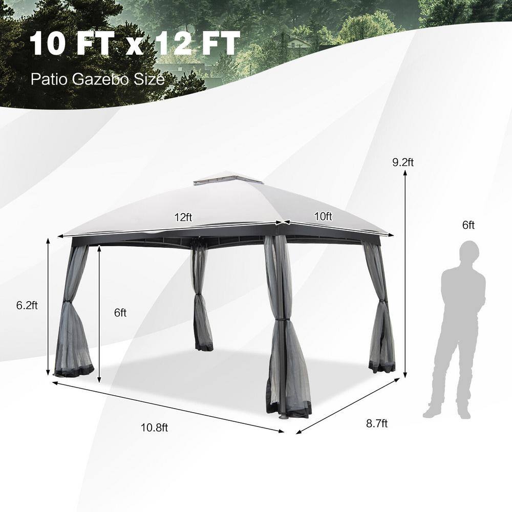 ANGELES HOME 10 ft. x 12 ft. Gray Patio Double-Vent Canopy with Privacy Netting and 4 Sandbags