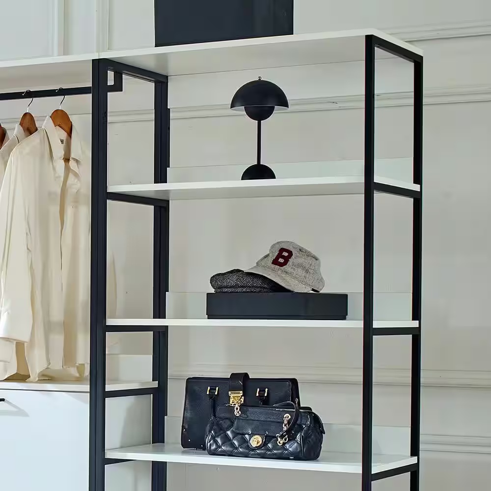 None Fiona 143 in. W White Freestanding Walk in Wood Closet System with Metal Frame