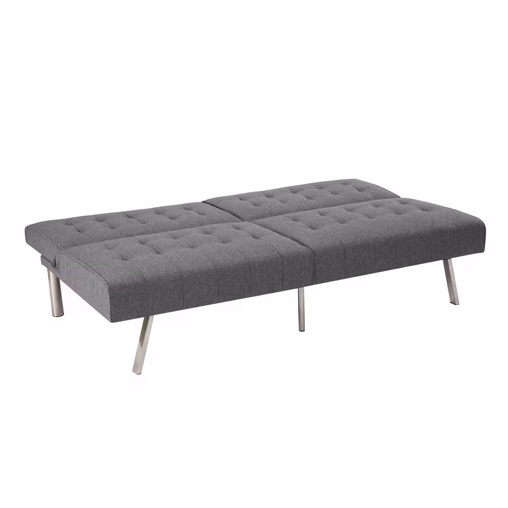 HOMESTOCK Gray, Linen Tufted Split Back Futon Sofa Bed, Linen Couch Bed, Futon Convertible Sofa Bed with Metal Legs