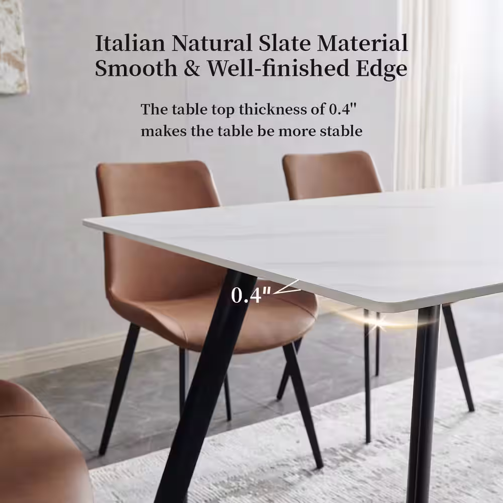 None 7-Piece White Slate Stone Dining Table Set with Rectangular Table and 6 Brown Dining Chairs