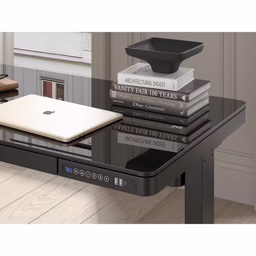 None Juno Height-Adjustable Desk with Wireless Charging, Dry-Erase in Black Glass Top