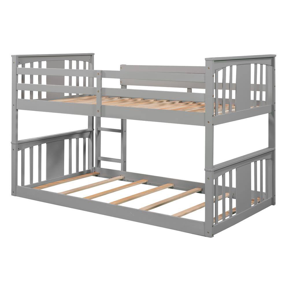Harper & Bright Designs Gray Twin Over Twin. Wood Low Bunk Bed with Ladder