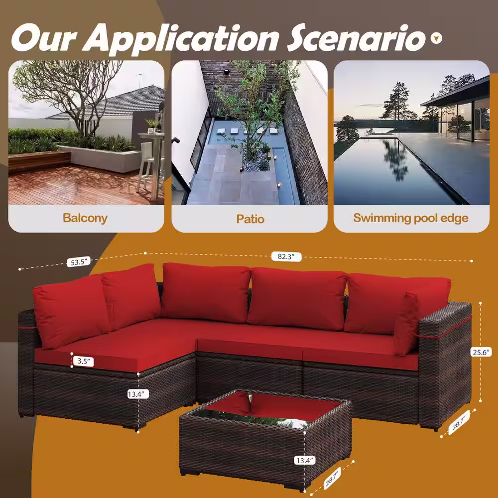 None 5-Piece Wicker Patio Conversation Sectional Seating Set with Red Cushions