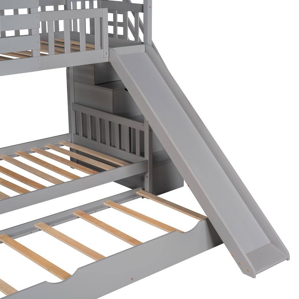 Qualler Gray Twin Over Twin House Bunk Bed With Trundle and Slide