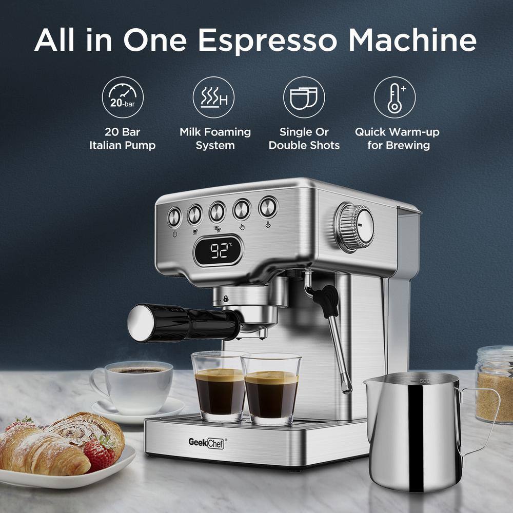 None 2- Cup Silver 20 Bar Espresso Machine with Milk Frother, 1.8L Water Tank, Stainless Steel