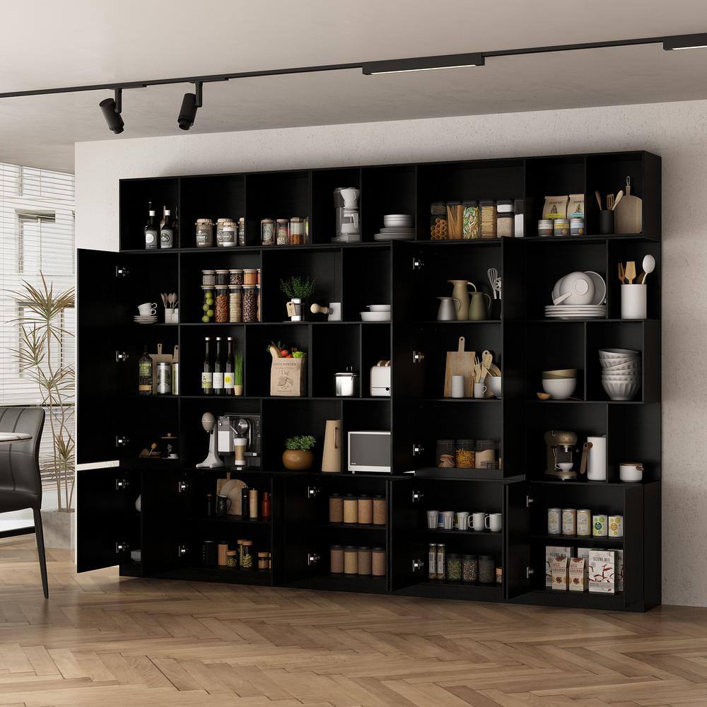 None 86.6 in. Tall Black Wood 40-Shelf Standard Bookcase Bookshelf With Door Cabinets, Open Shelves