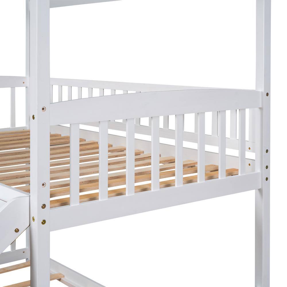 Harper & Bright Designs White Twin Over Twin Wood House Bunk Bed with Slide and Ladder