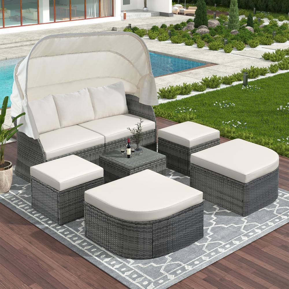 None 6-Piece Patio Furniture Set Outdoor Wicker Conversation Set Daybed Sofa Set with Retractable Canopy Table, Beige Cushion