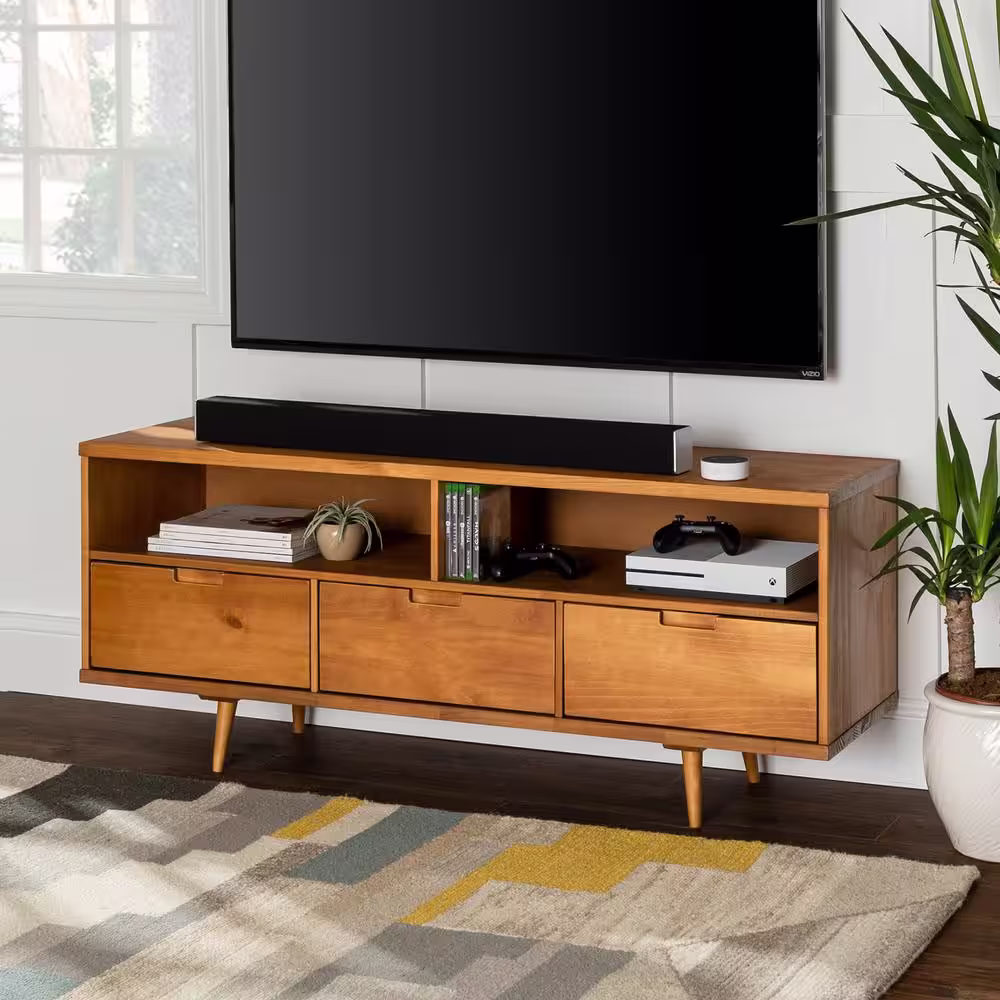 Walker Edison Furniture Company Ivy 58 in. Caramel Wood TV Stand with 3 Drawers Fits TVs Up to 64 in. with Cable Management