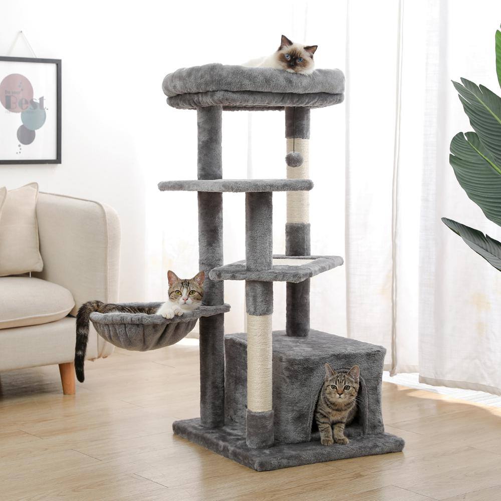 None 44.10 in. Multi-Level Pet Cats Scratching Posts and Trees with Spacious Condo, Cozy Hammock & Plush Top Perch in Gray