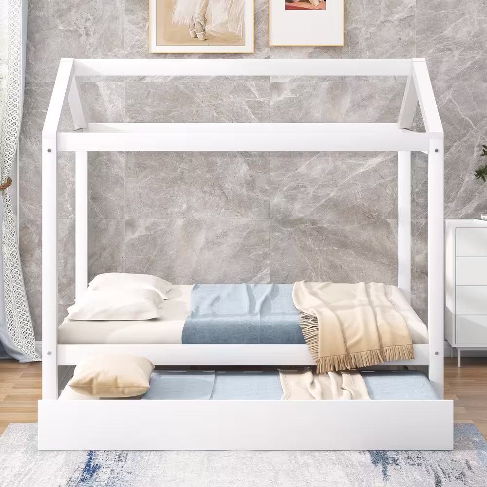 Harper & Bright Designs White Full House Bed with Trundle
