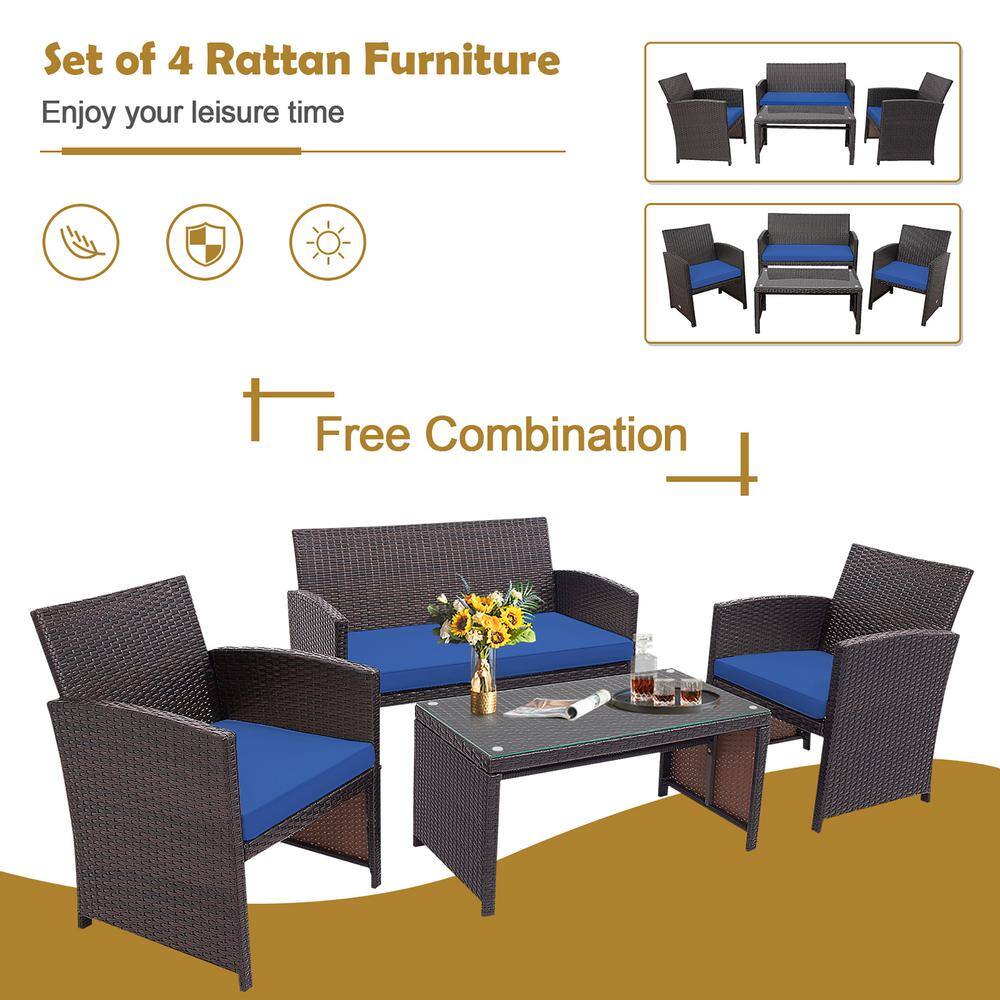 Costway Brown 4-Piece Rattan Furniture Set Patio Conversation Set with Navy Cushions