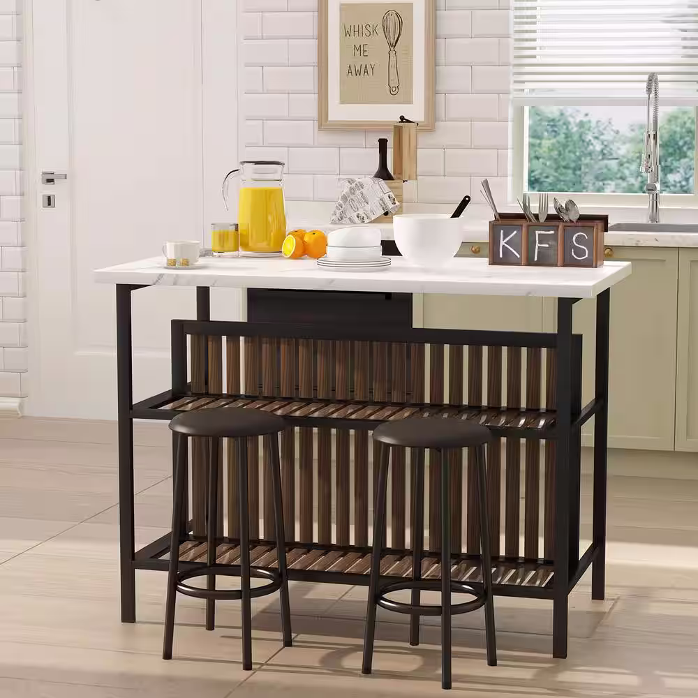 None Greenwood Marble White Kitchen Island Set with Faux Marble Top and 2 Stools