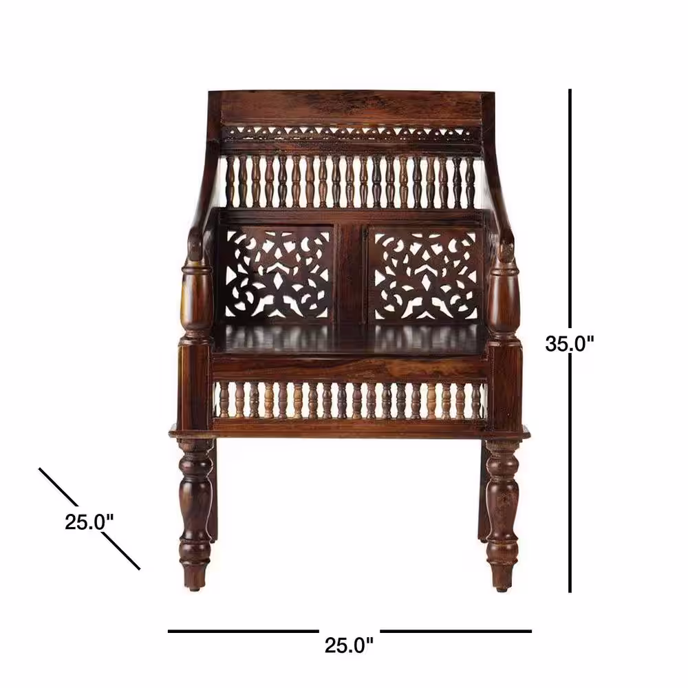 Home Decorators Collection Maharaja Walnut Brown Wood Hand-Carved Arm Chair