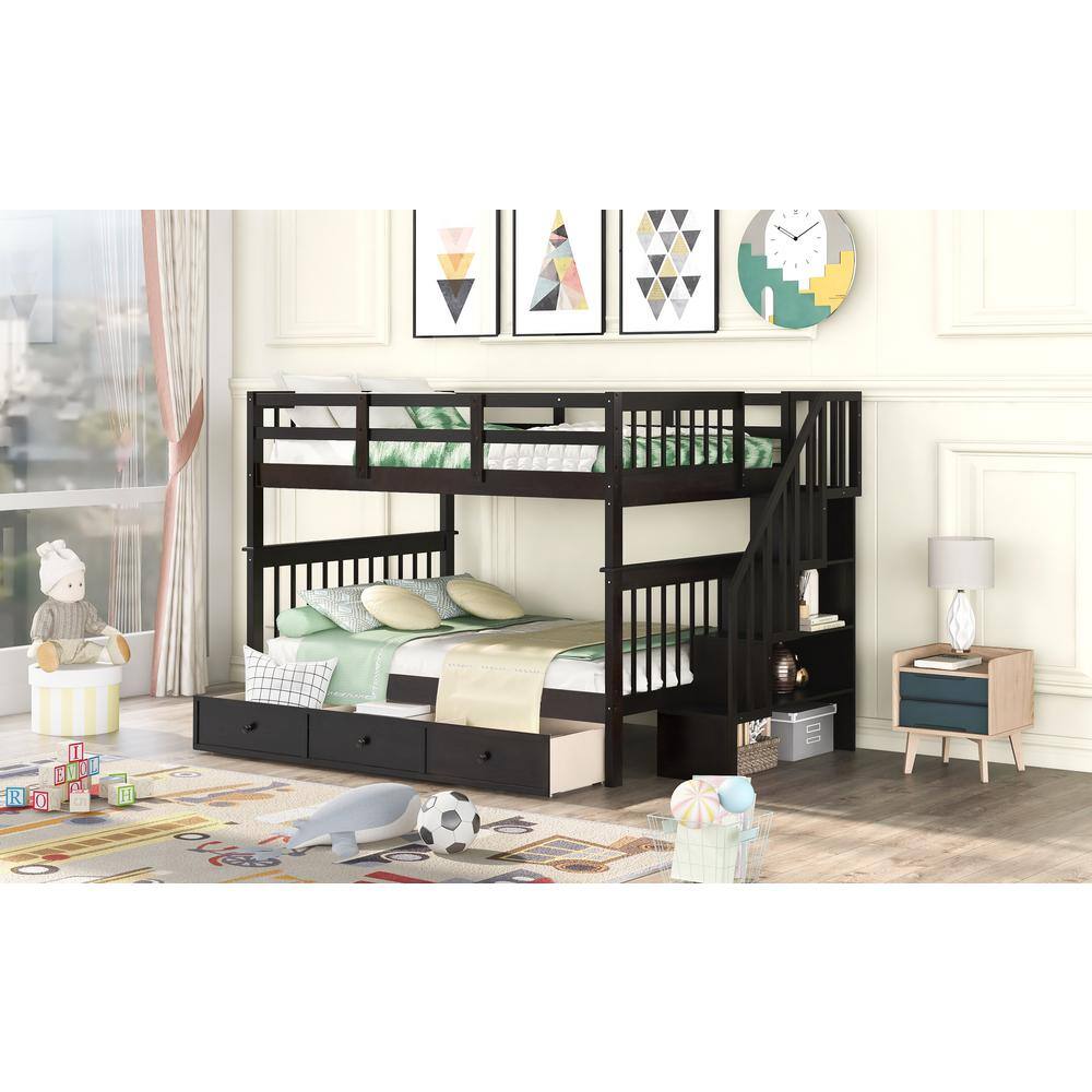 None Espresso Full Over Full Stairway Bunk Bed with 3 Drawers and Bookshelves, Wood Kids Bunk Bed Frame with Staircases