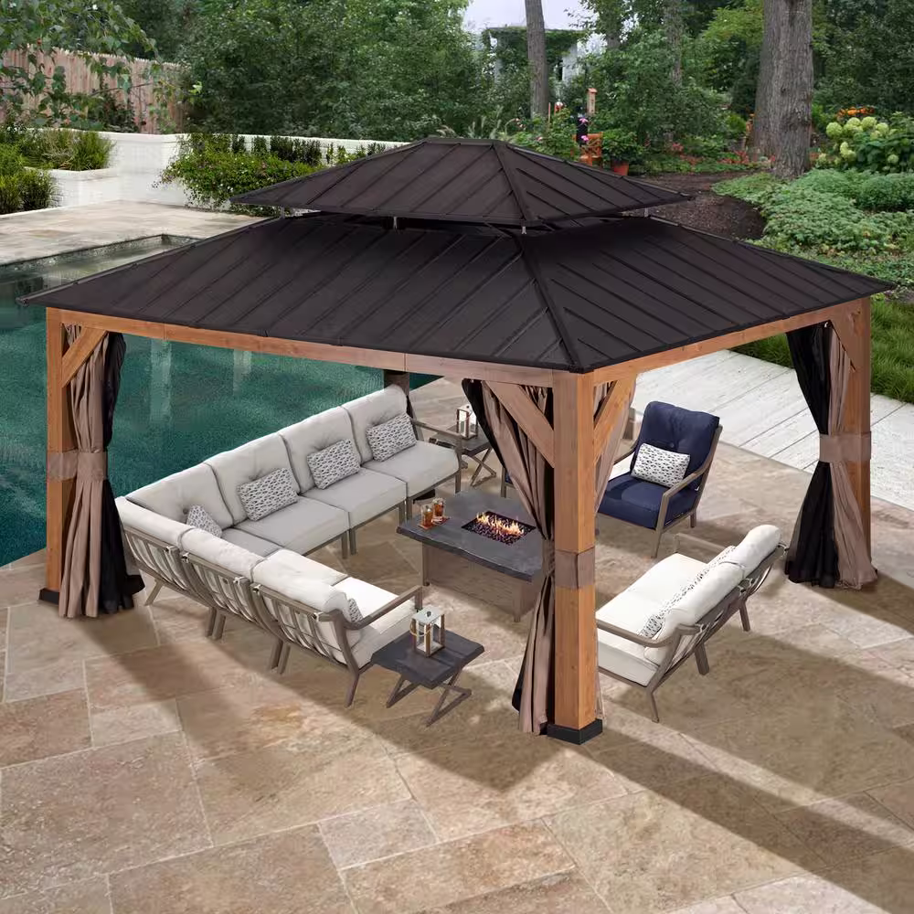 None 15 ft. x 13 ft. Wood Grain Aluminum Double Galvanized Steel Roof Gazebo with Ceiling Hook, Mosquito Netting and Curtains