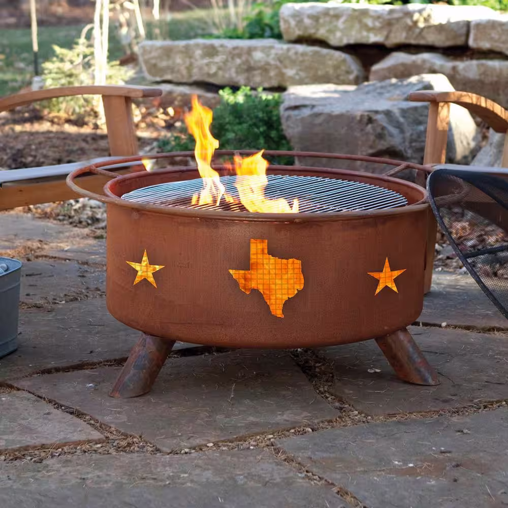 None Texas State Stars 29 in. x 18 in. Round Steel Wood Burning Fire Pit in Rust with Grill Poker Spark Screen and Cover