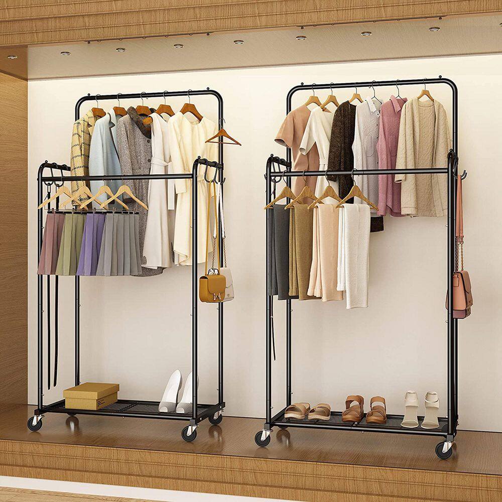 None Black Metal Garment Clothes Rack With Double Rod 29 in. W x 60 in. H