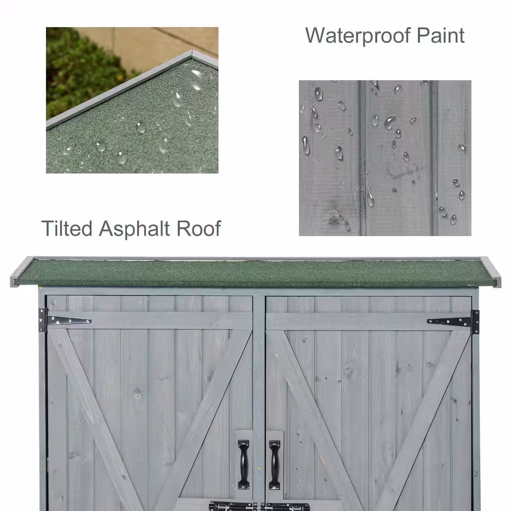 Outsunny 19.75 in. x 55 in. x 63.75 in. Natural Wooden Garden Storage Shed with Locking Door and Interior Shelves