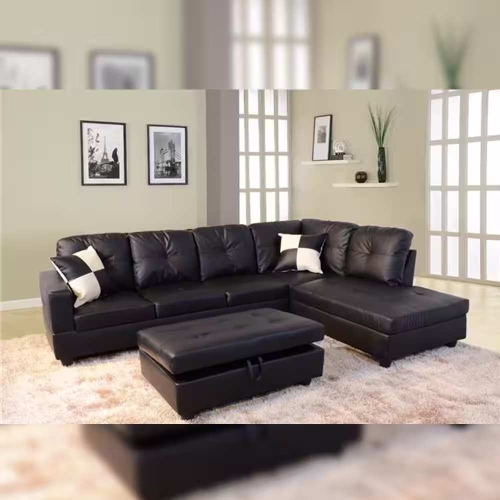Star Home Living Mike 3-Piece Black Faux Leather 3-Seater L-Shaped Right-Facing Sectional Sofa with Ottoman