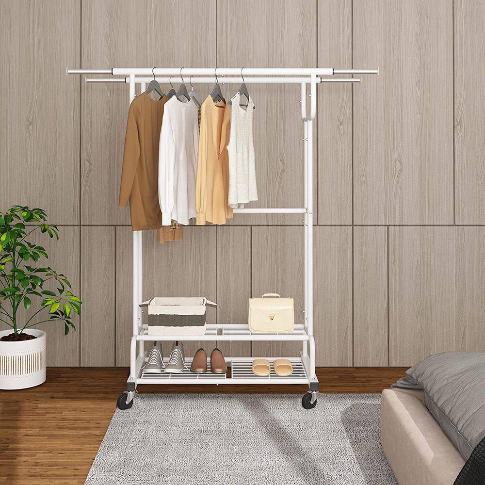 None White Metal Garment Clothes Rack With Double Rod 38 in. W x 62 in. H