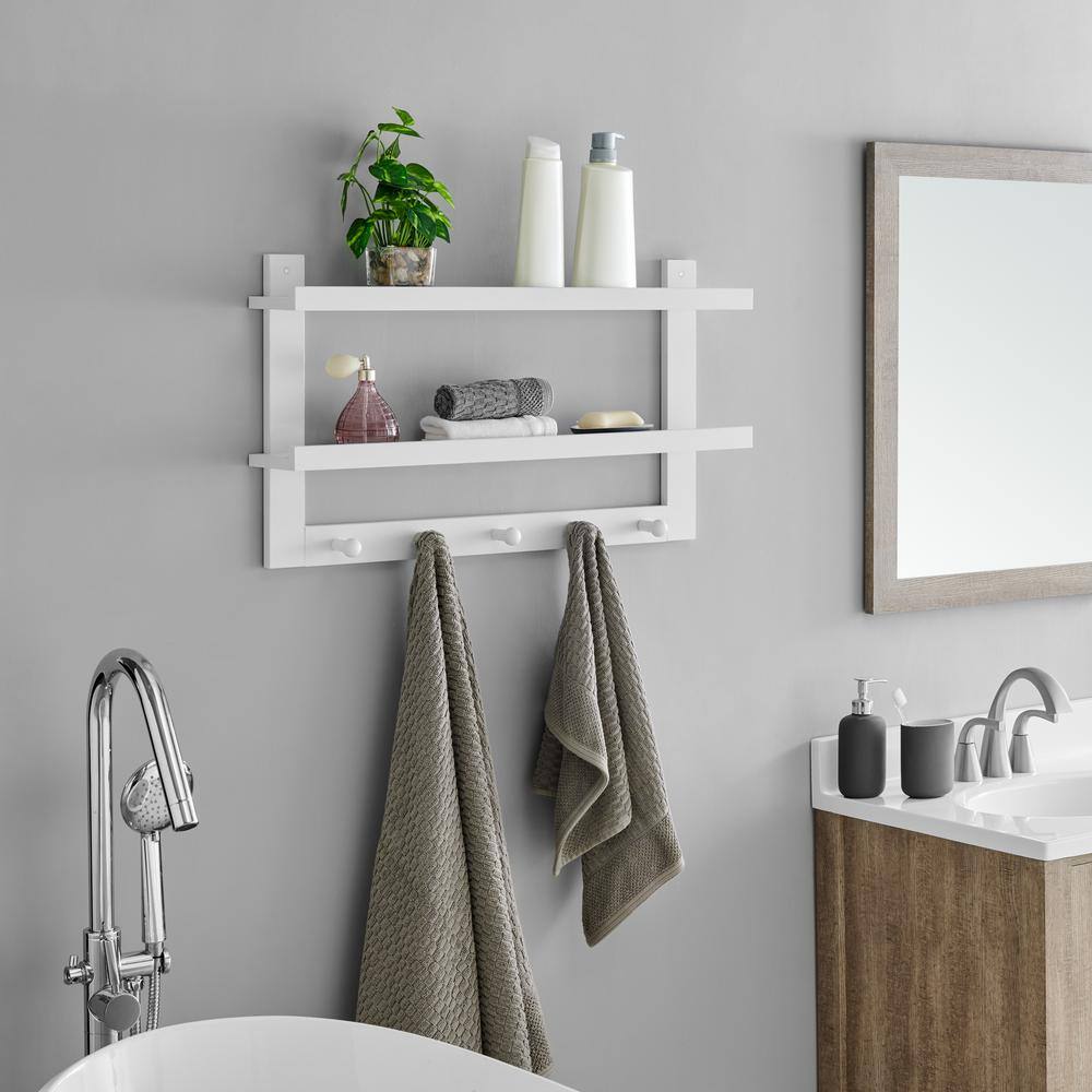 DANYA B 29 in. W White MDF 2-Tier Floating Decorative Wall Shelf with Hooks and Ledges