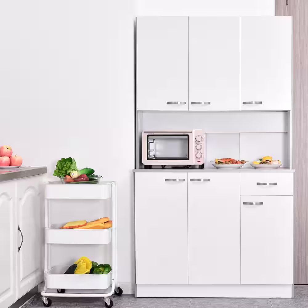 HOMCOM 71 in. White Freestanding Kitchen Cupboard with 3-Adjustable Shelves and 1-Drawer