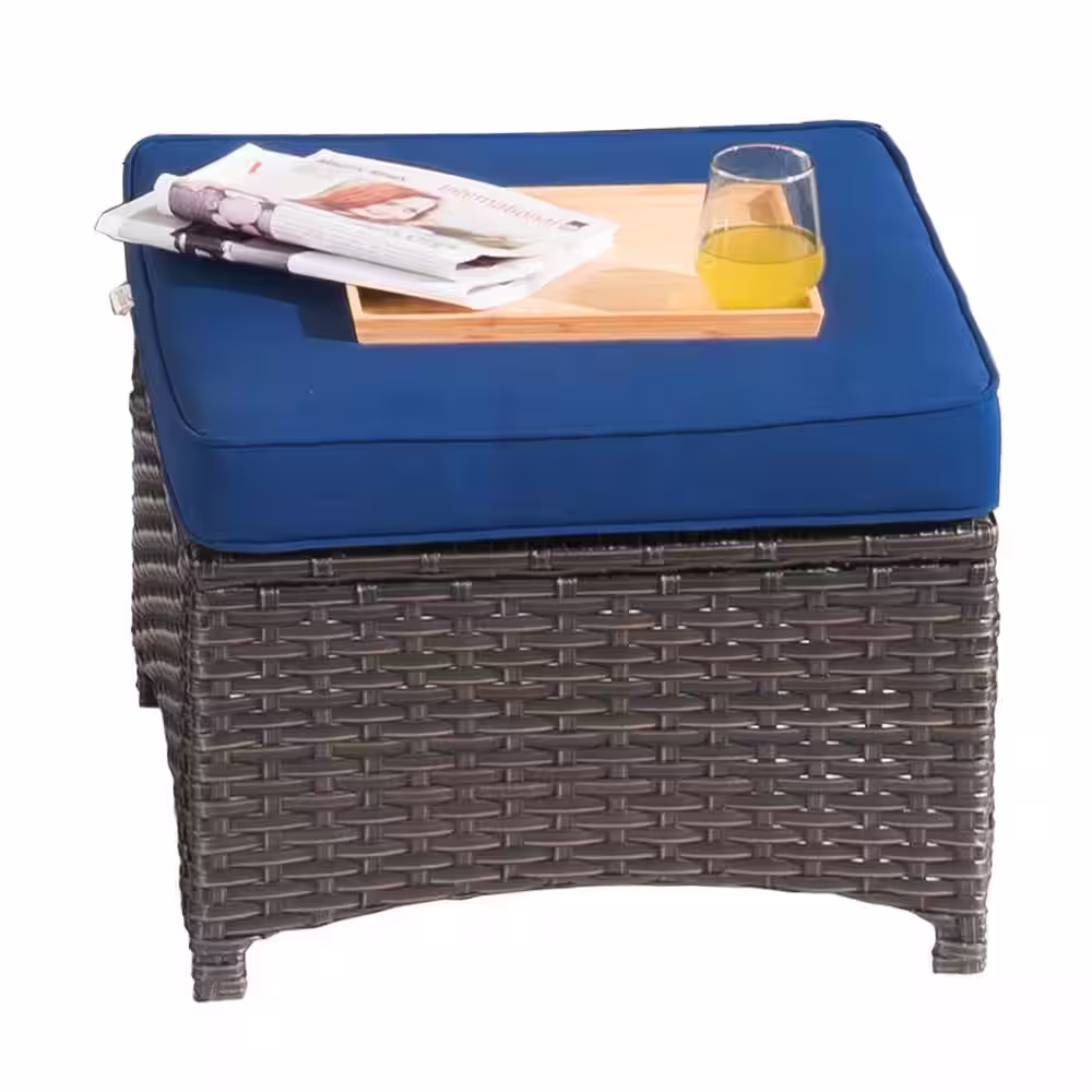 XIZZI Maroon Lake Brown 6-Piece Wicker Patio Conversation Seating Sofa Set with Navy Blue Cushions and Swivel Rocking Chairs