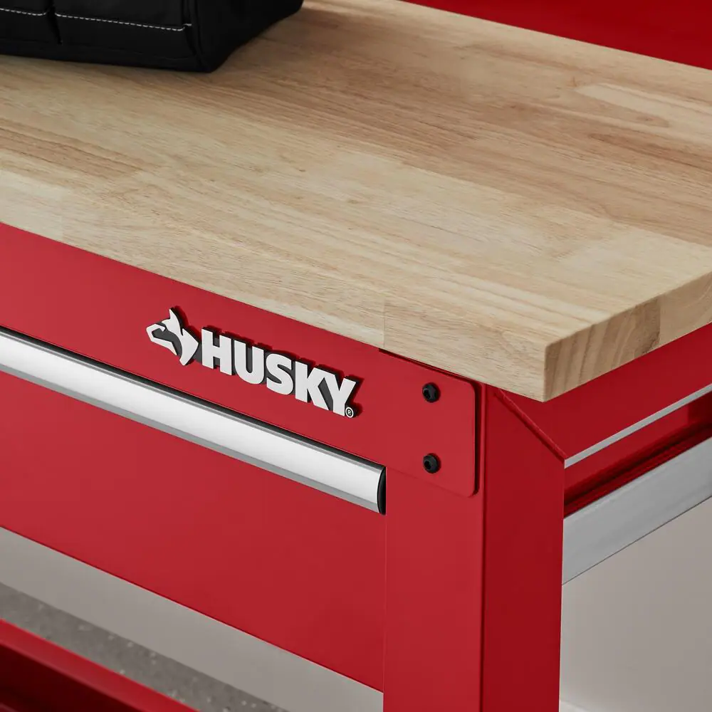 Husky Ready-To-Assemble 6 ft. Solid Wood Top Workbench in Red with Pegboard and 2 Drawers