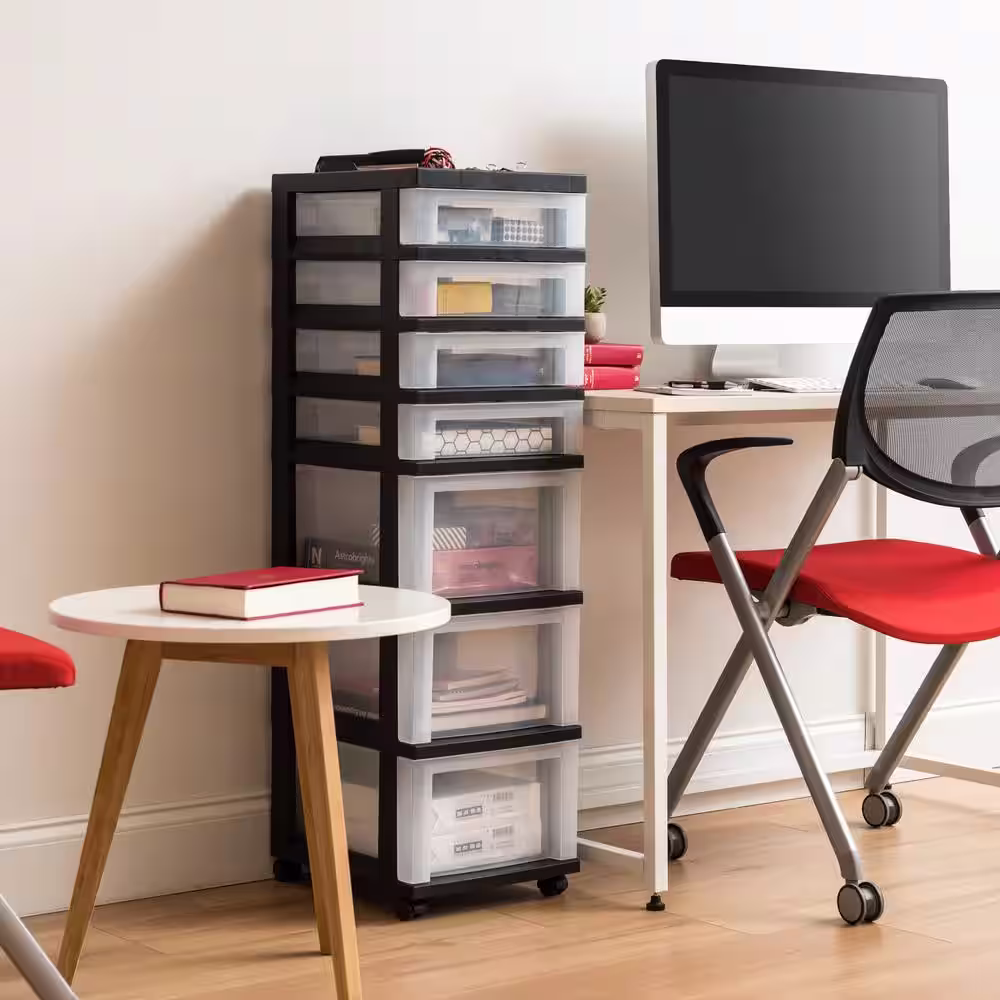 IRIS 14.25 in. D x 12.05 in. W x 37.75 in. H 6-Drawer Storage Cart with Organizer Top in Black and Pearl