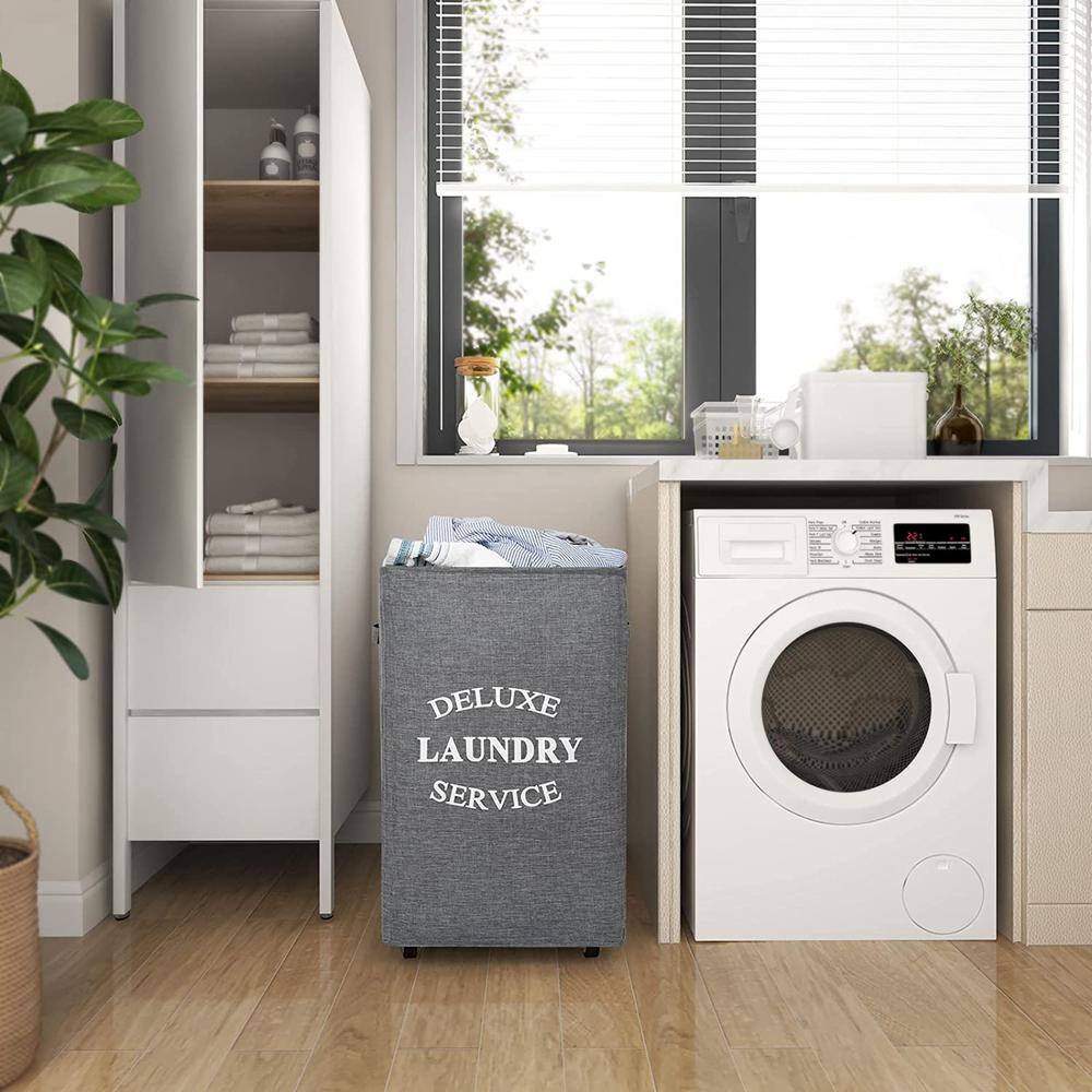 None 90 L Fabric Laundry Basket Hamper with Wheels Gray