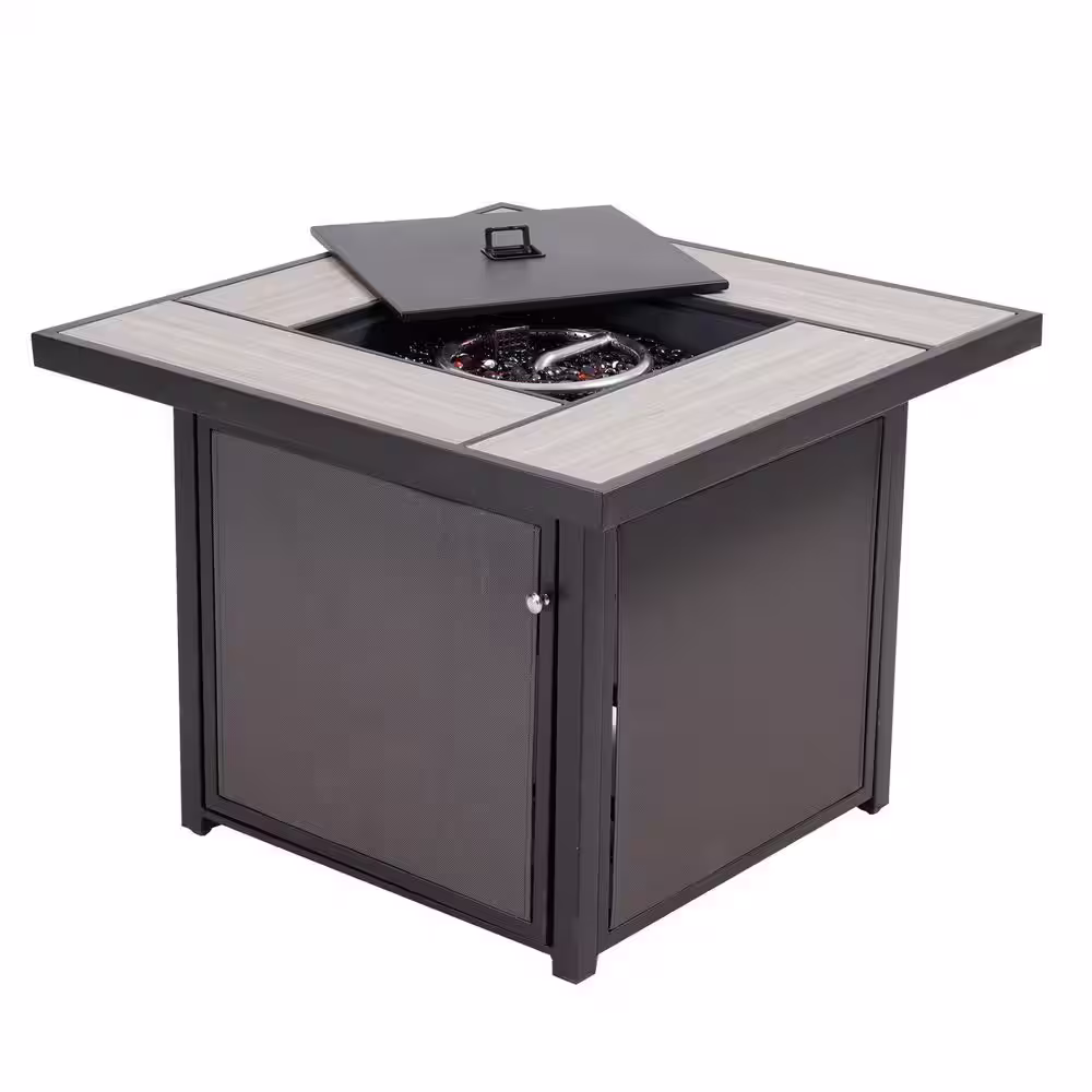 None 32 in. Square Full Iron Fire Pit Table with Table Lid