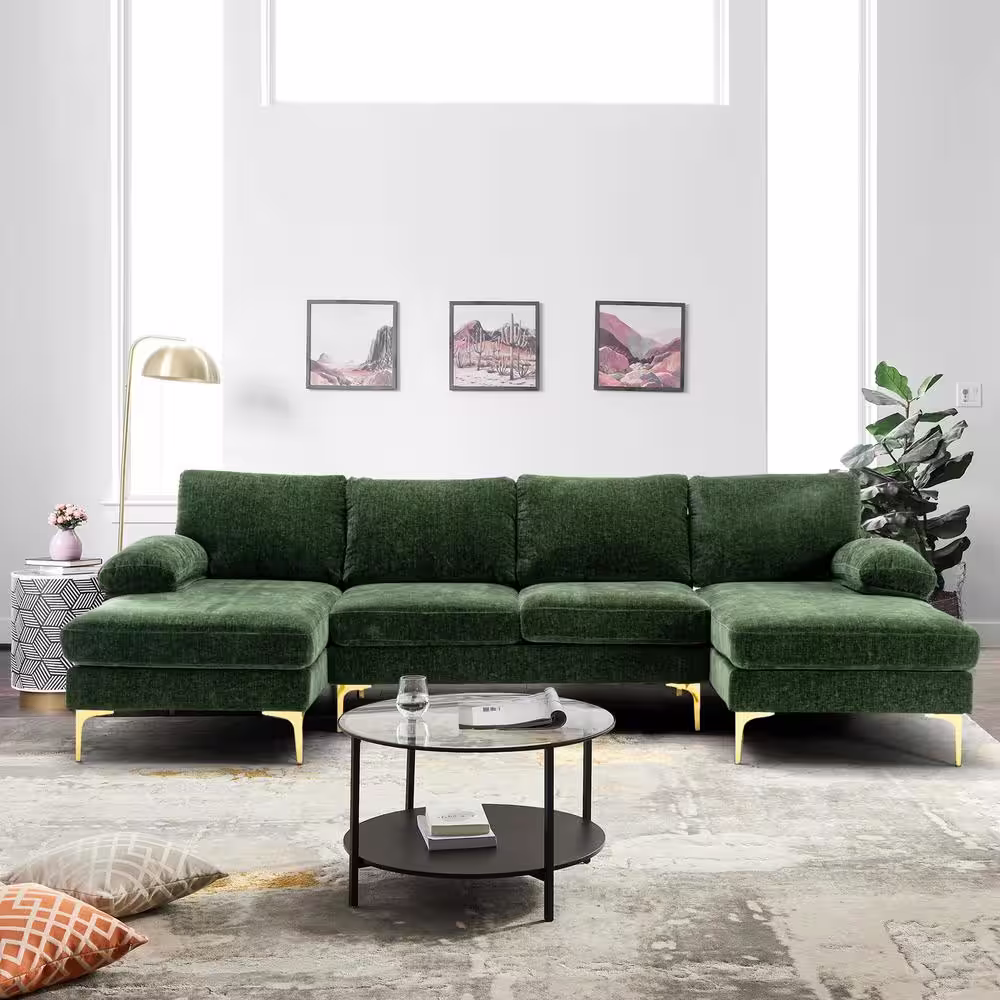 HOMEFUN 110 in W Green 4-piece U Shaped Fabric Modern Sectional Sofa with 2 Arms and Golden Metal Legs