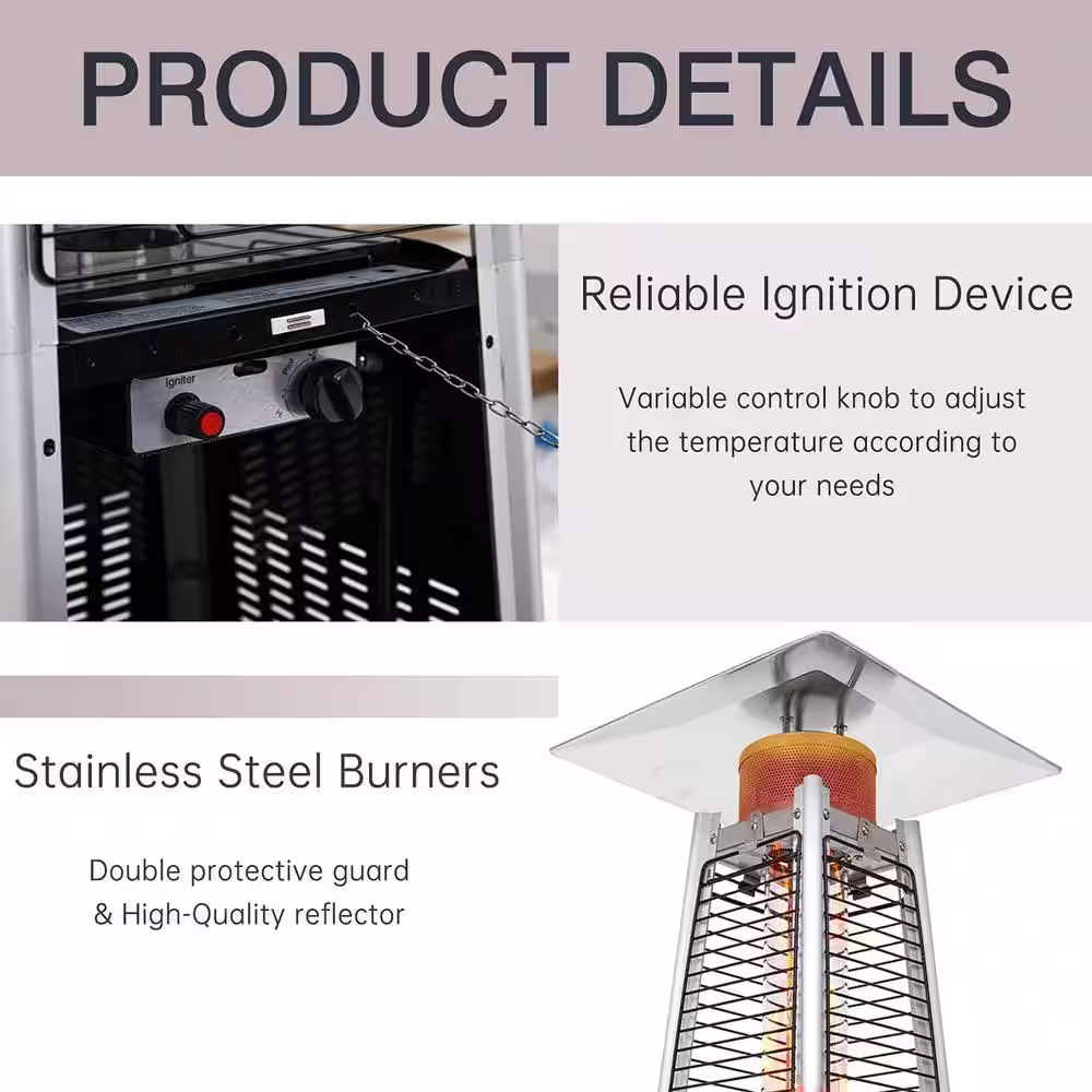None 41,000 BTU Stainless Steel Pyramid Propane Patio Heater with Wheels