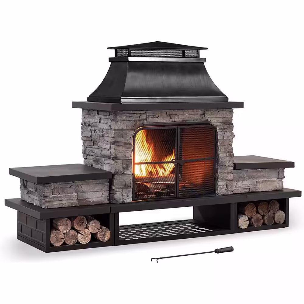 Sunjoy Maryland Bel Aire 48.03 in. Black Fireplace with Faux Stack Stone Finish