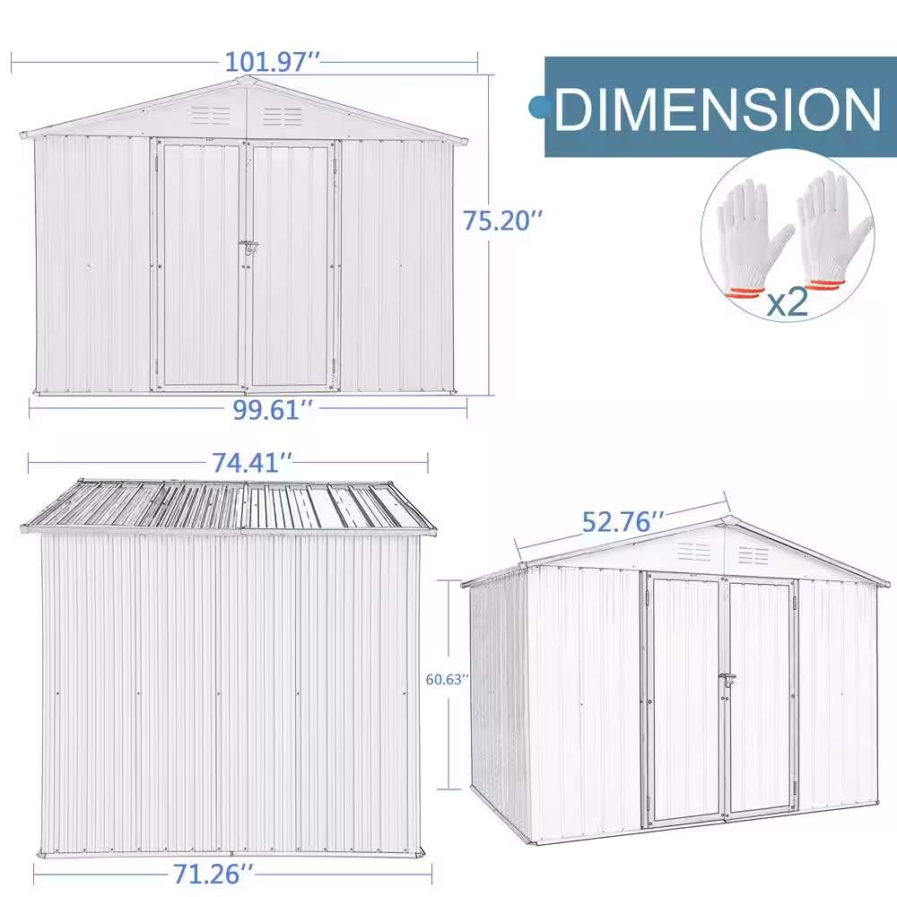 None 8.32 ft. W x 6.23 ft. D Gray Metal Storage Shed with Double Door and Lockable Doors (51.84 sq. ft.)