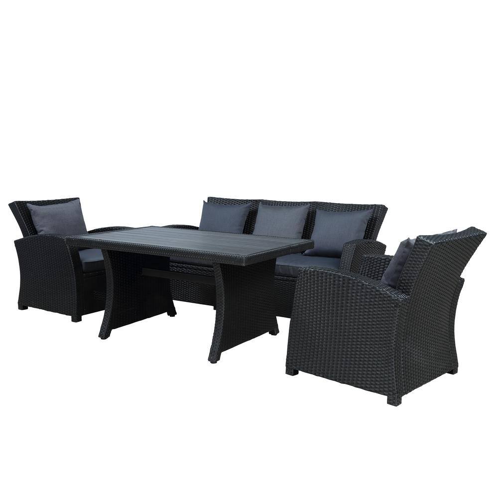 None Black 4-Piece Wicker Patio Conversation Set with Dark Gray Cushions and 2 Arm Chairs