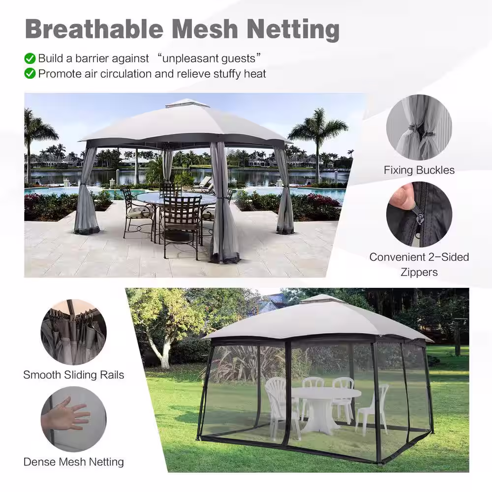 ANGELES HOME 10 ft. x 12 ft. Gray Patio Double-Vent Canopy with Privacy Netting and 4 Sandbags