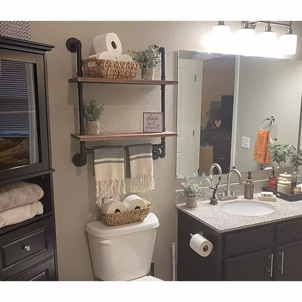 None Industrial Pipe Shelving Farmhouse Bathroom Shelves with Towel Bar Towel Rack Over Rustic Wall Wood Shelves 19.7 in.