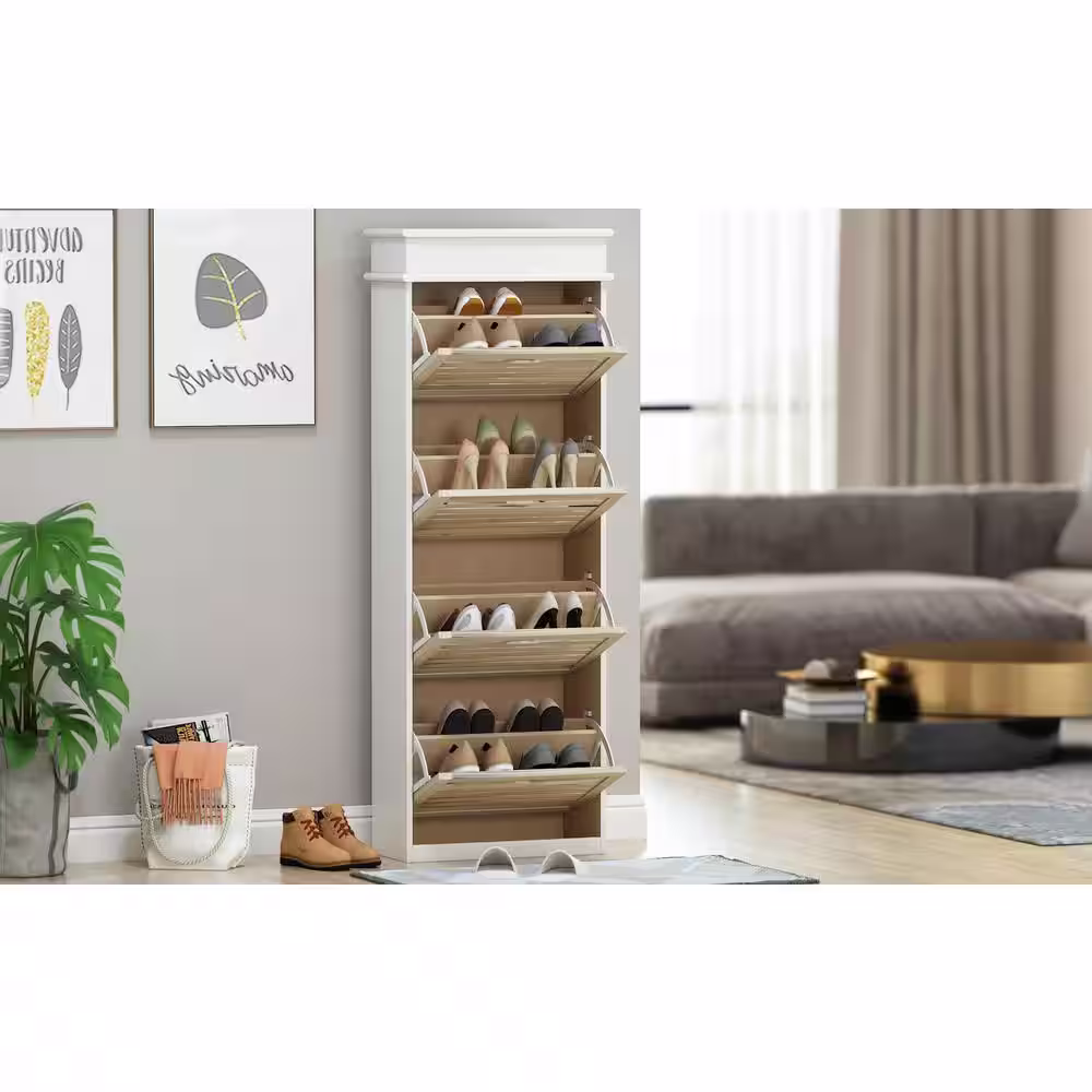 FUFU&GAGA 61 in. H x 21.7 in. W 20-Pair White Wood 4-Drawer Shoe Storage Cabinet with Foldable Compartments