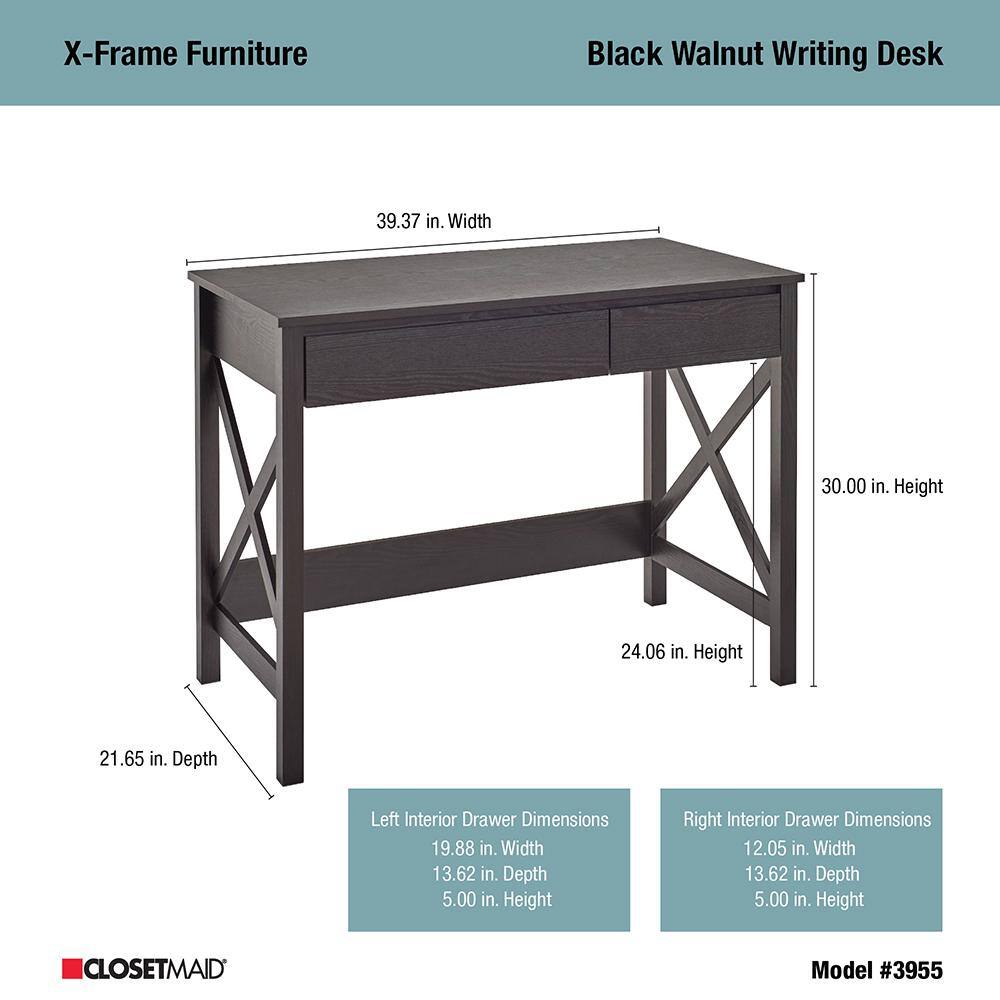 ClosetMaid X-Frame 30 in. H x 39.4 in. W x 21.7 in. D Metal Frame Writing and Computer Desk Shelving Unit in Black Walnut