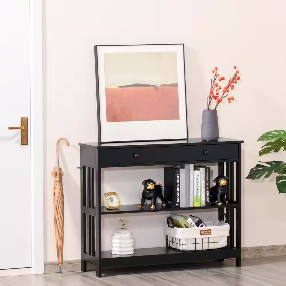 HOMCOM Modern 39.25 in. Black Rectangle Wood Console Table with Shelves