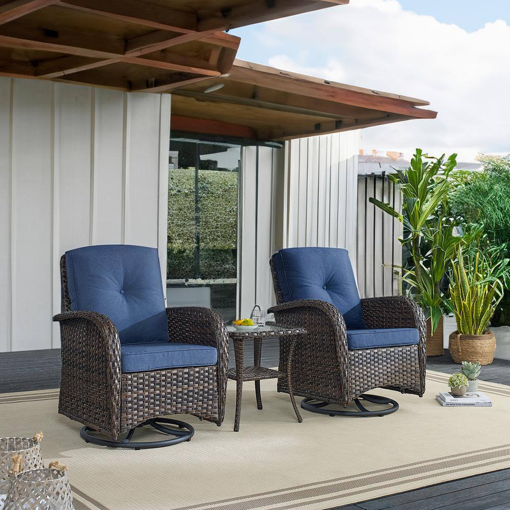 Pocassy Brown 3-Piece Wicker Patio Conversation Set with Blue Cushions and Coffee Table All-Weather Swivel Rocking Chairs