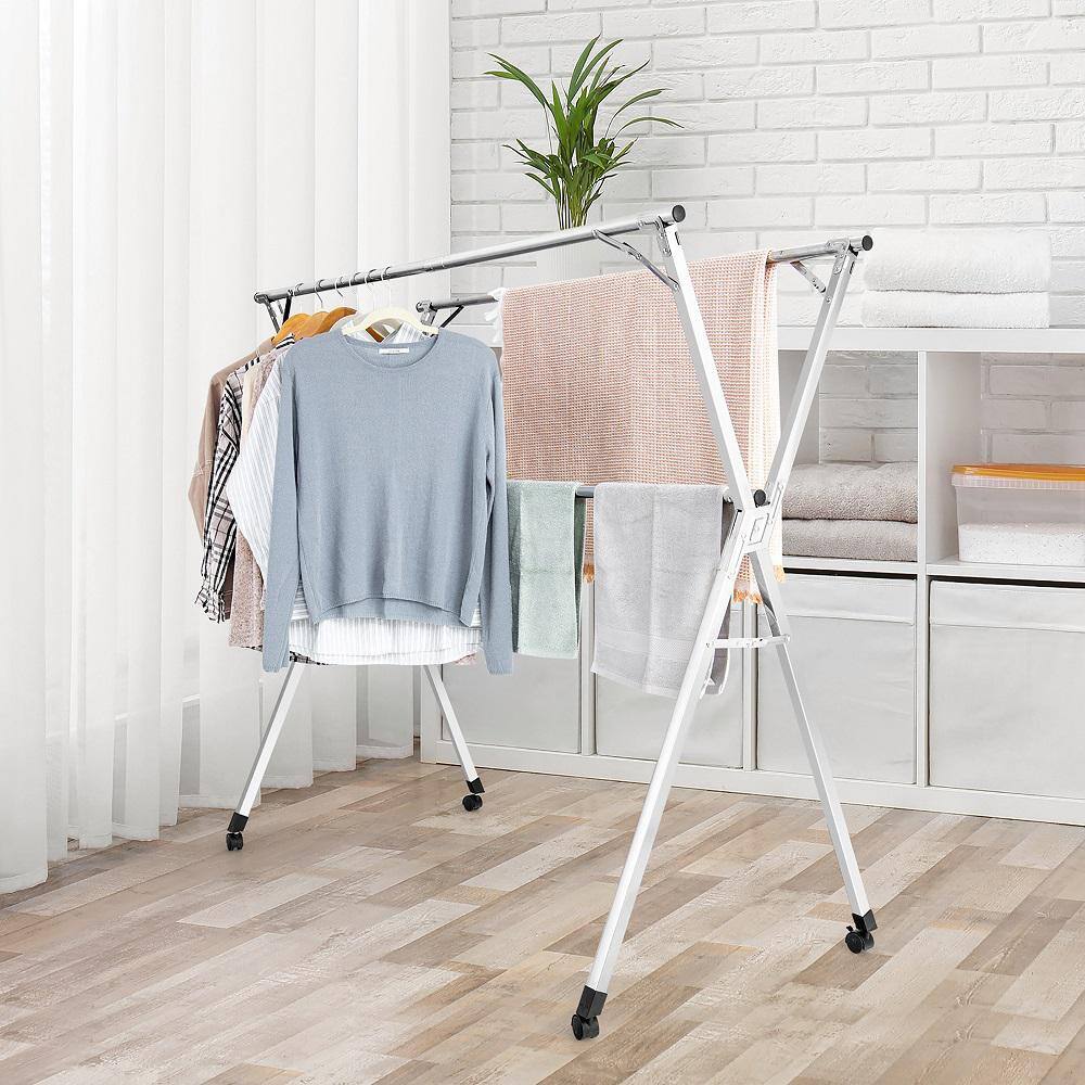 Costway Silver Stainless Steel Drying Clothes Rack Garment Rack Adjustable & Foldable w/Wheels 60 in. W x 54 in. H