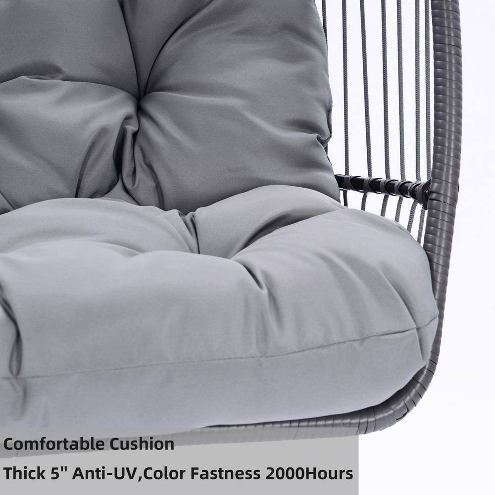 None 3.5 ft. Folding Hanging Chair Rattan Swing Hammock With Cushion and Pillow in Grey