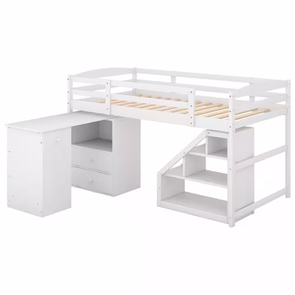 Harper & Bright Designs Versatile White Wood Frame Twin Size Loft Bed with Built-in Storage Staircase and Movable Desk with Shelf and Drawers