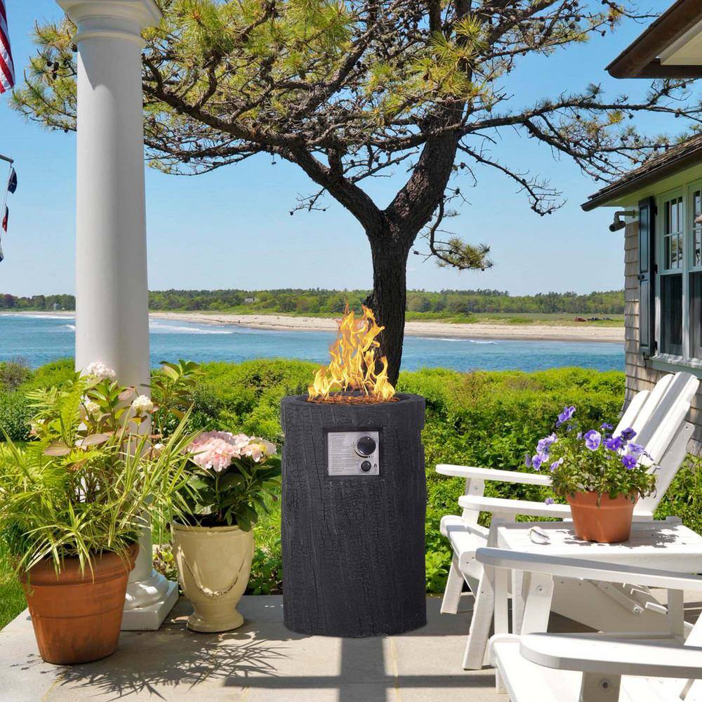 None Black Round Stone Fire Pit Table w/ Waterproof Cover 25 in. Ore Powder 30,000BTU Adjustable Flame Propane Gas Fire Table