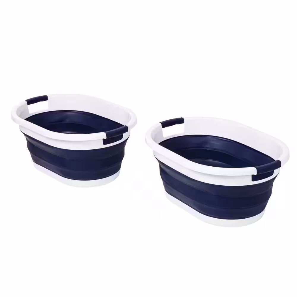 Honey-Can-Do Navy Blue/White Collapsible Rubber Laundry Baskets (Set of 2)