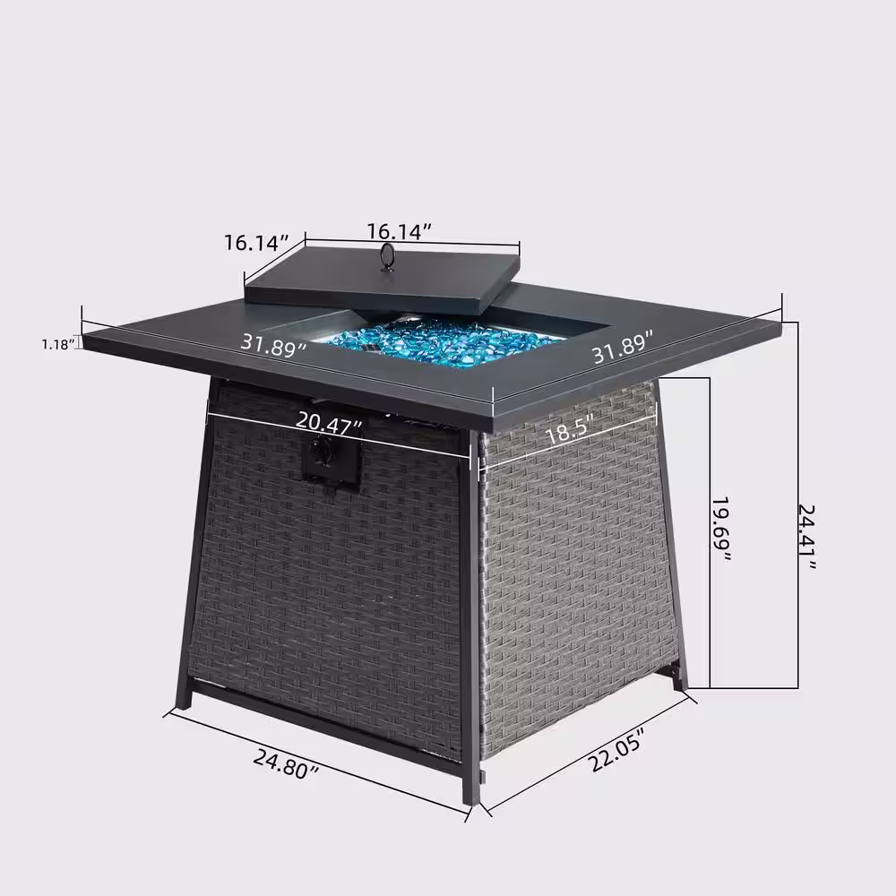 SUNRINX Dark Gray Square Metal 32 in. Propane Fire Pit Table with Blue Glass Ball and ETL-Certified